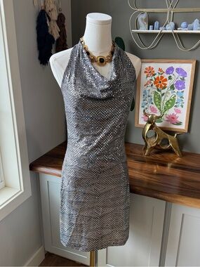 Backless Cowl Neck Metallic Gray & Black Dress